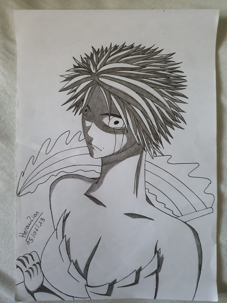 Dessin d'une femme portant une faux qu'on peut supposer en combat, ce dessin est le dessin de base de mon dessin numéro 5 pour ma série "Old to New"