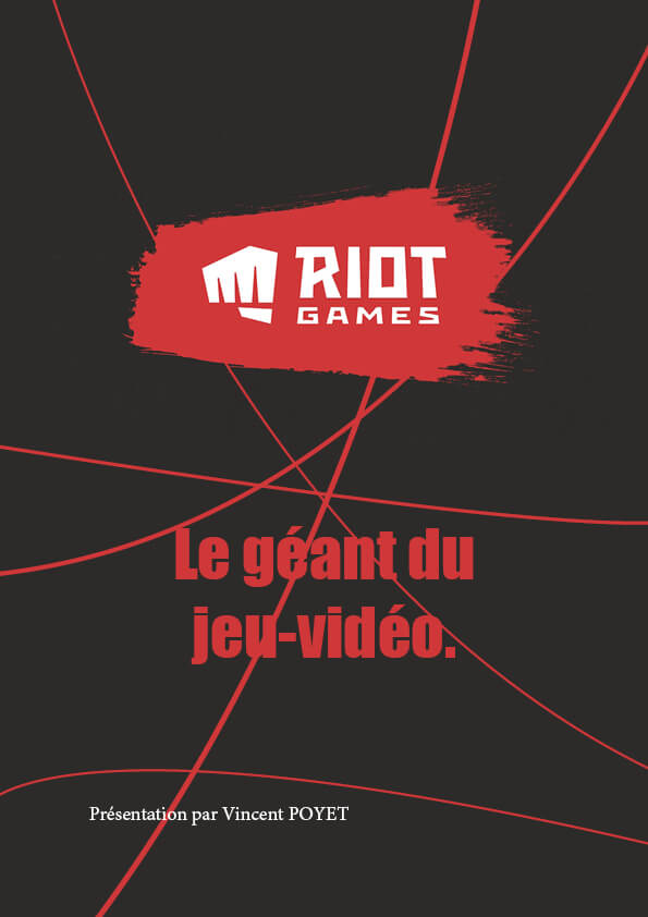 Première page d'une plaquette commerciale Riot Games fictive pour un exercice de mise en page sur InDesign