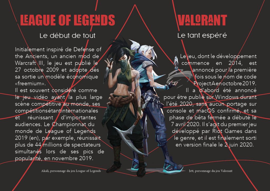 2nd et 3ème page d'une plaquette commerciale Riot Games Fictive pour un exercice de mise en page sur InDesign
