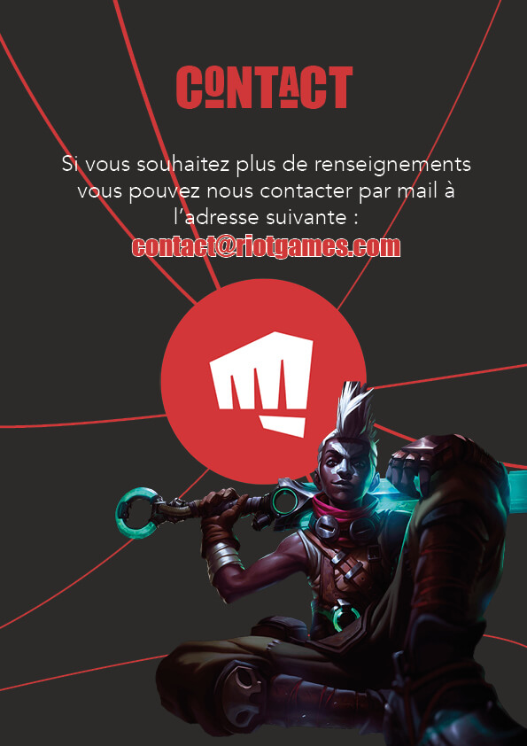 Dernière page d'une plaquette commerciale Riot Games fictive pour un exercice de mise en page sur InDesign