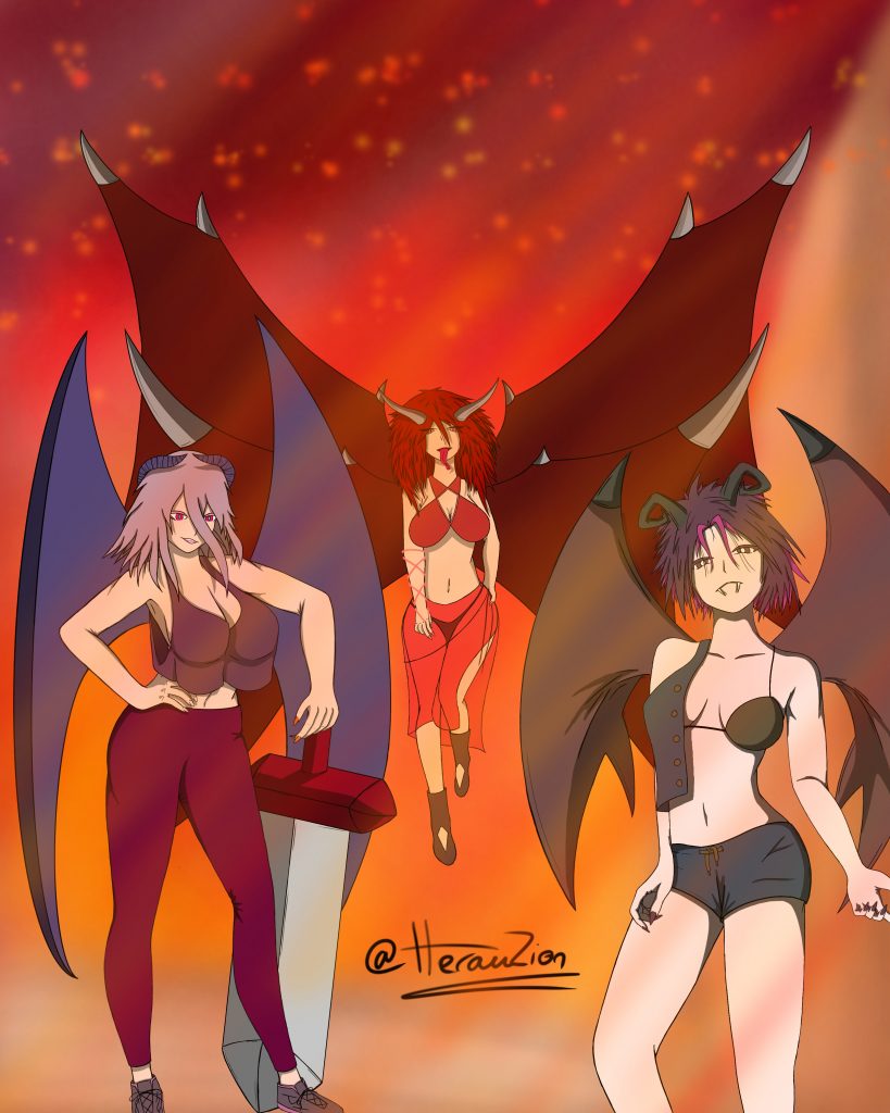 Dessin représentant 3 princesses démones (personnages originaux)