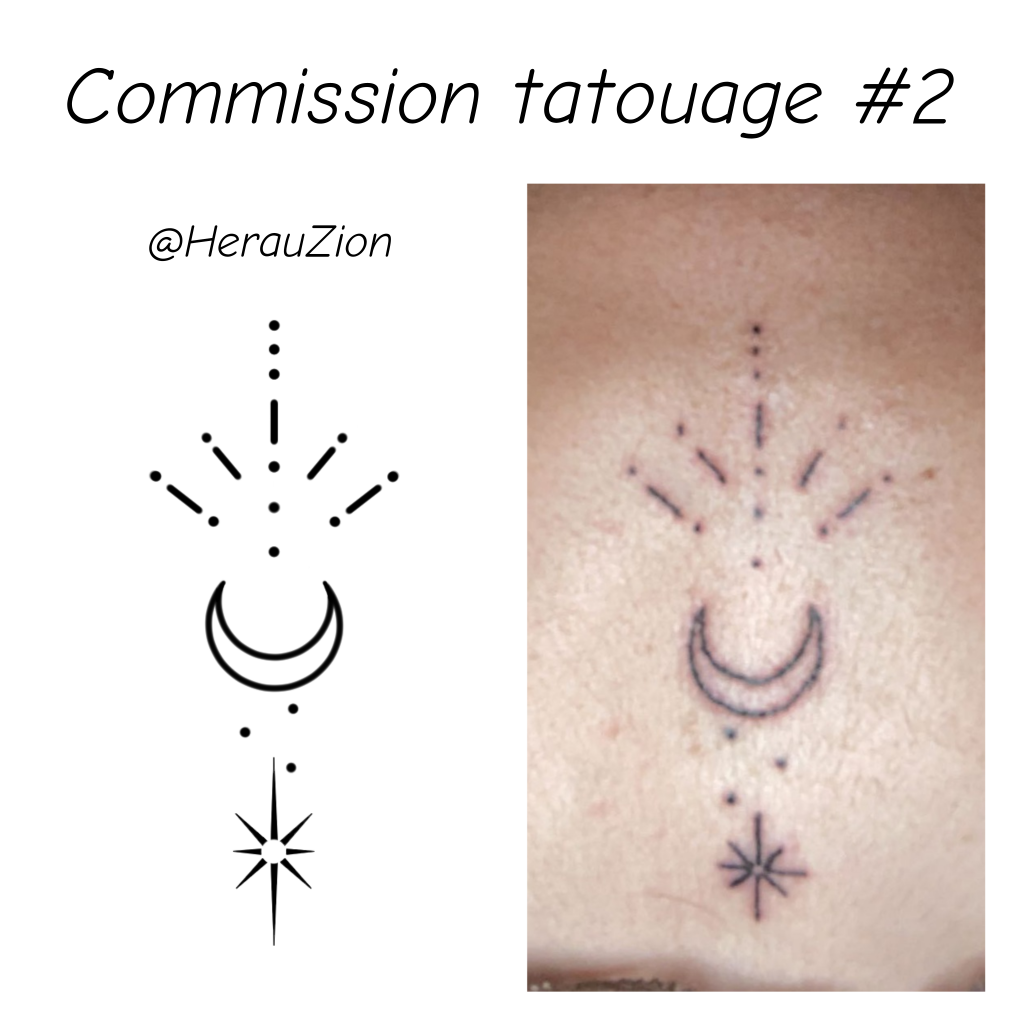 Dessin pour un tatouage avec un croissant de lune et des inscriptions en morse que l'on peut voir tatoué (tatouage réalisé par un tatoueur professionnel)