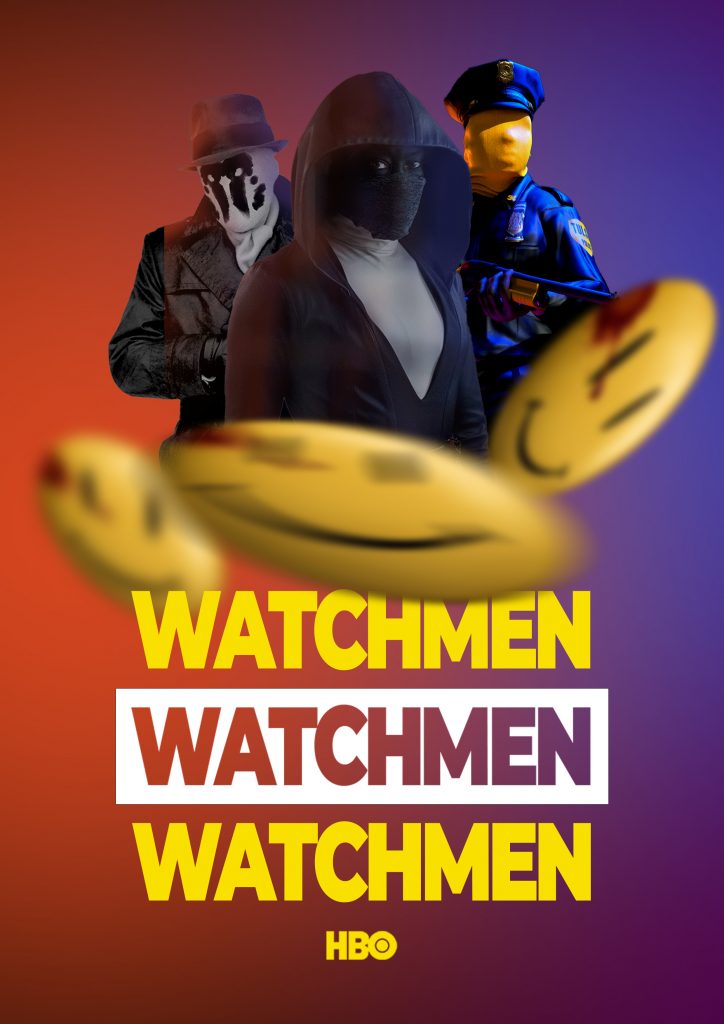 Affiche pour un travail réalisée durant mon année de licence ayant de but de créer des visuels Watchmen et de les décliner