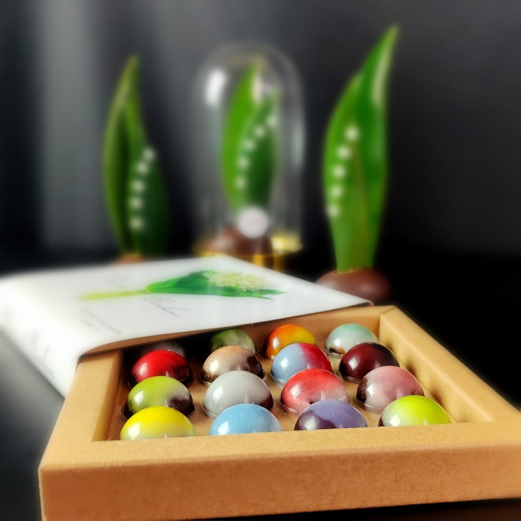 Photo du coffret de Dômes Muguets pour Bertrand Chocolatier durant mon alternance