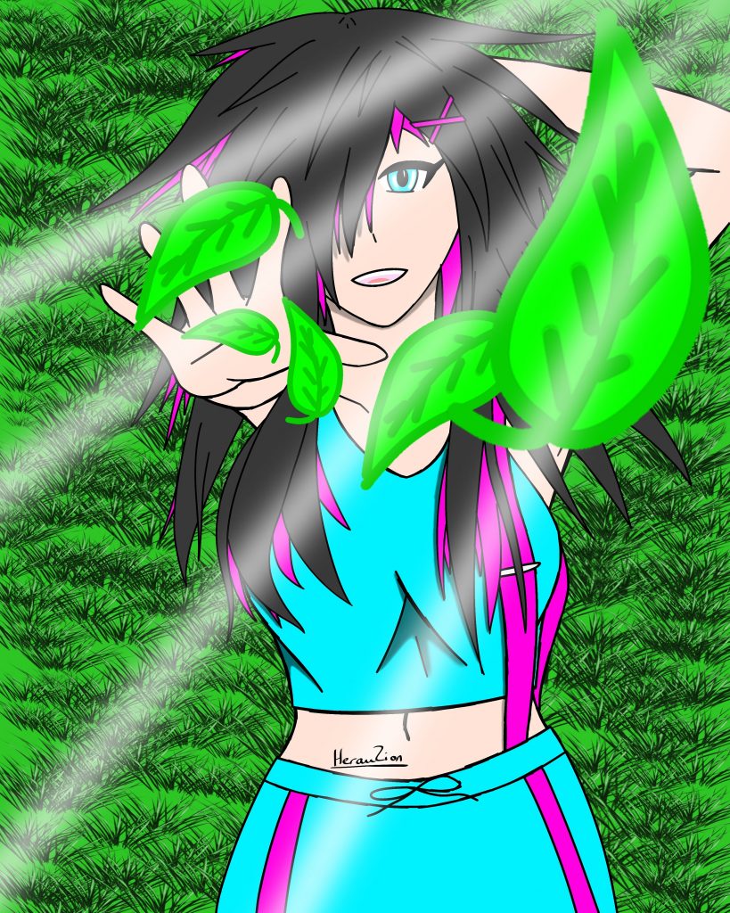 Dessin d'une fille allongée dans l'herbe (personnage original)