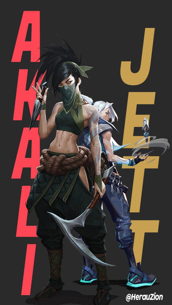 Fond d'écran des personnages de Jett et d'Akali au format téléphone