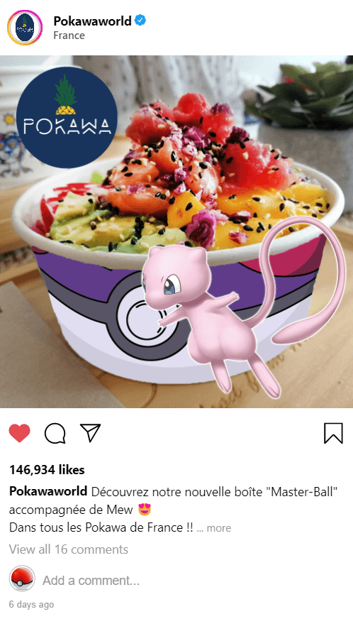 Post Pokémon x Pokawa à l'effigie de Mew pour un partenariat fictif mis en situation sur un mock-up instagram réalisé durant mon année de licence