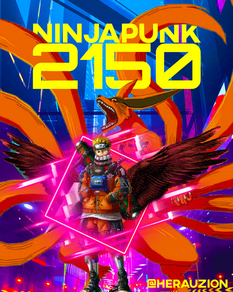 Affiche format carte postale de Naruto UZUMAKI dans un univers Neon/Cyberpunk réalisée durant mon année de licence