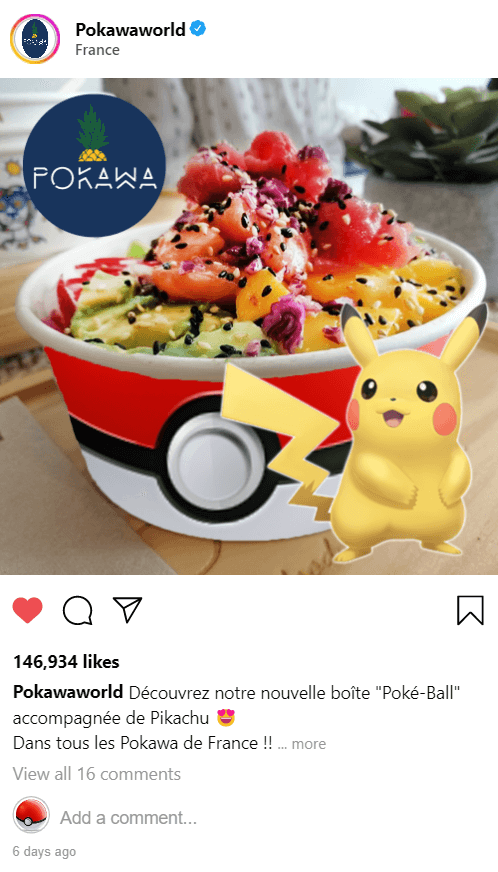 Post Pokémon x Pokawa à l'effigie de Pikachu pour un partenariat fictif mis en situation sur un mock-up instagram réalisé durant mon année de licence