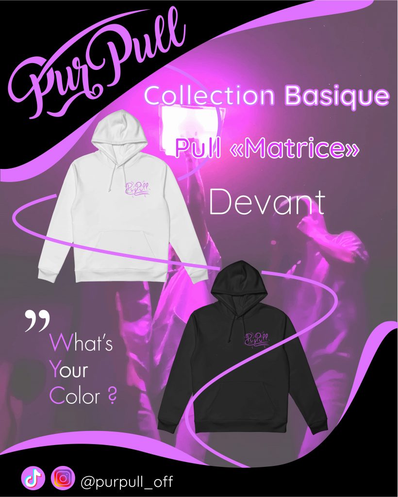 Post Instagram de présentation de l'avant du pull "Matrice" de la collection de base d'un projet de marque de vêtements