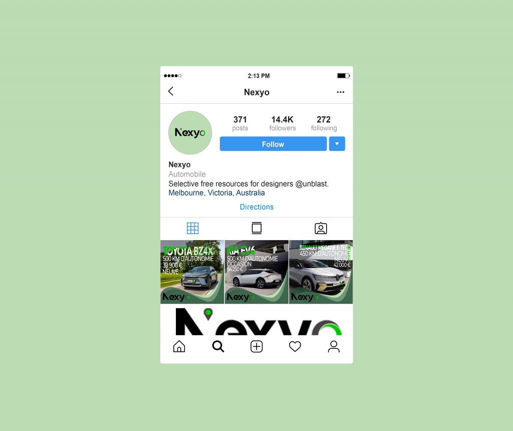 Mock-up fictif du profil Instagram de la marque Nexyo avec les 3 posts créées précédemment