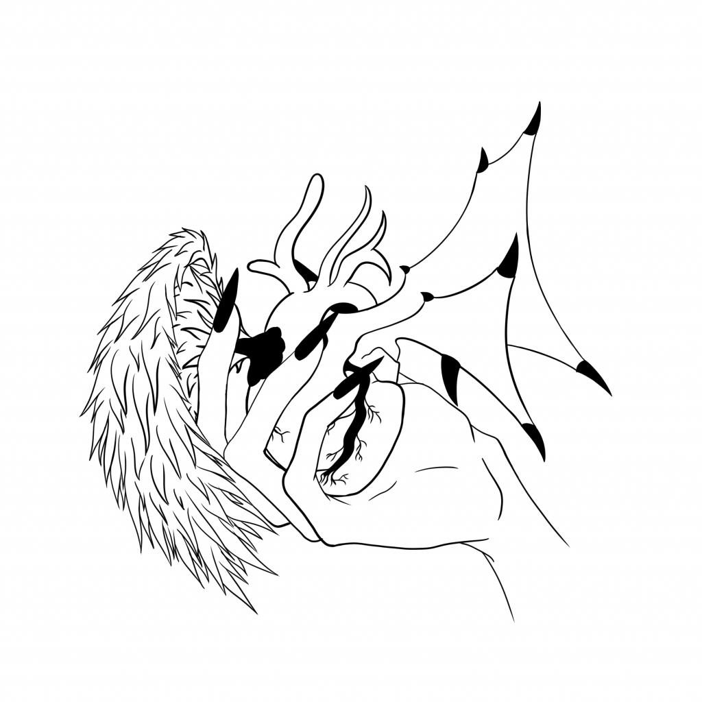 Dessin pour Tatouage d'une main féminine tenant un cœur avec des ailes d'anges et de démons