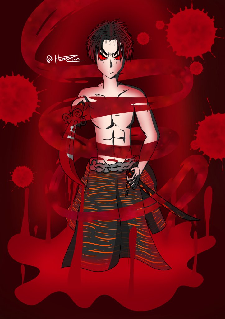 Dessin Digital d'HerauZion, avec un Personnage original "Blood-Boy" possédant des capacités de contrôle du sang
