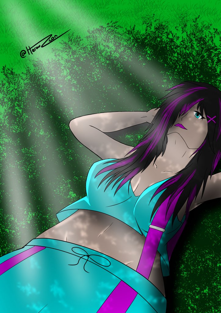 Personnage original (Violette) se reposant dans l'herbe